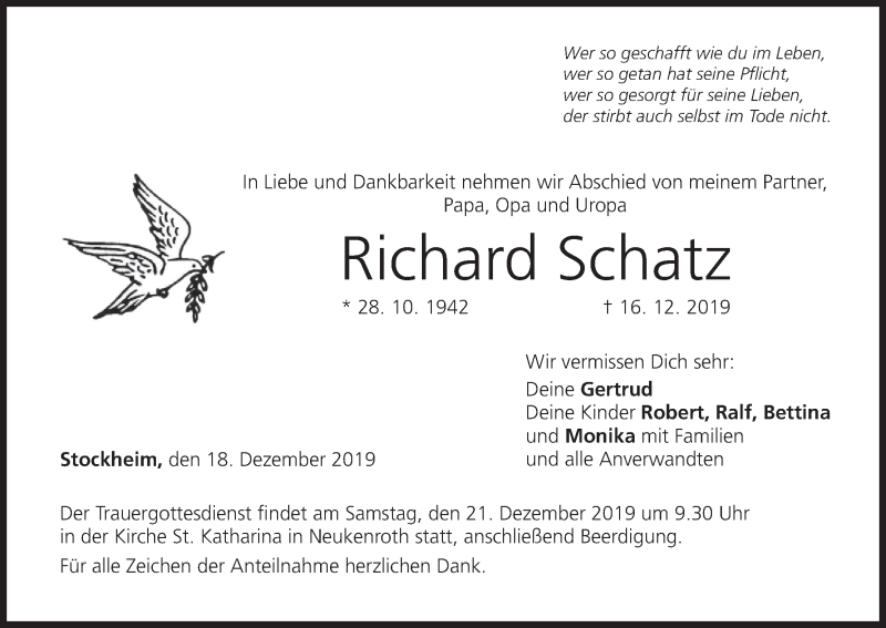  Traueranzeige für Richard Schatz vom 18.12.2019 aus MGO