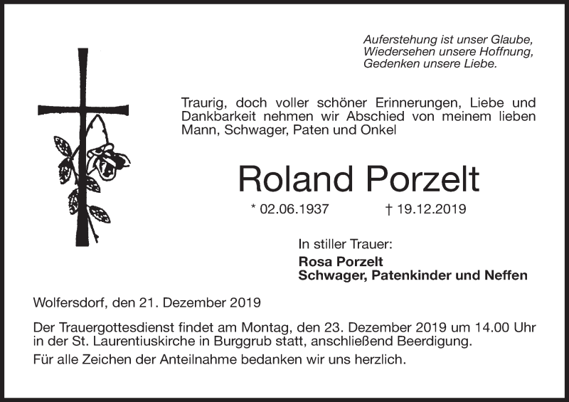  Traueranzeige für Roland Porzelt vom 21.12.2019 aus MGO