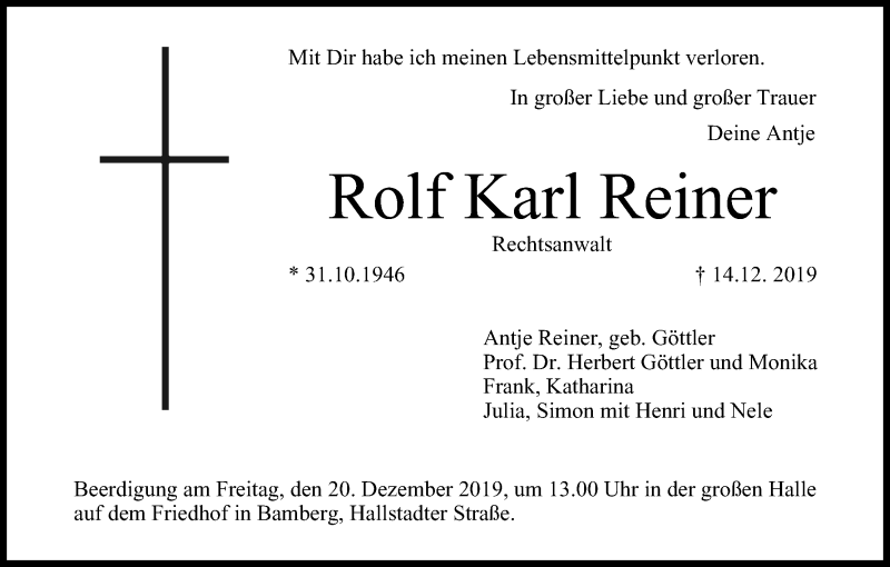  Traueranzeige für Rolf Karl Reiner vom 18.12.2019 aus MGO