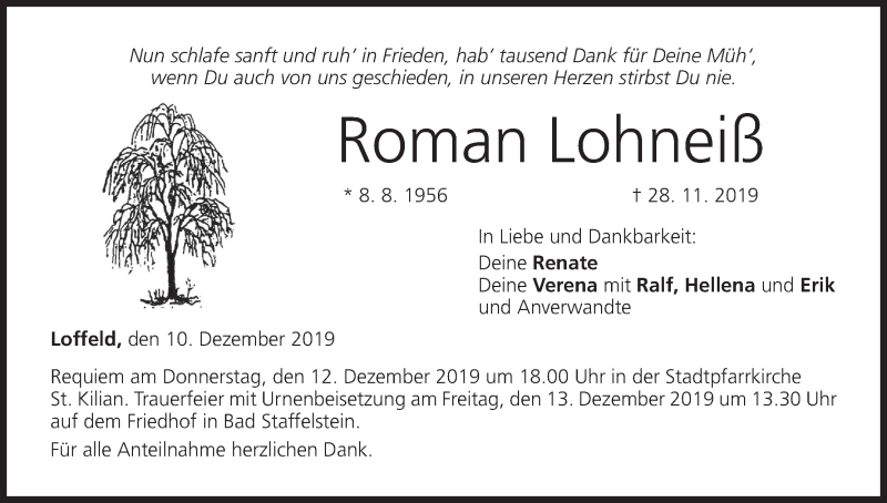  Traueranzeige für Roman Lohneiß vom 10.12.2019 aus MGO