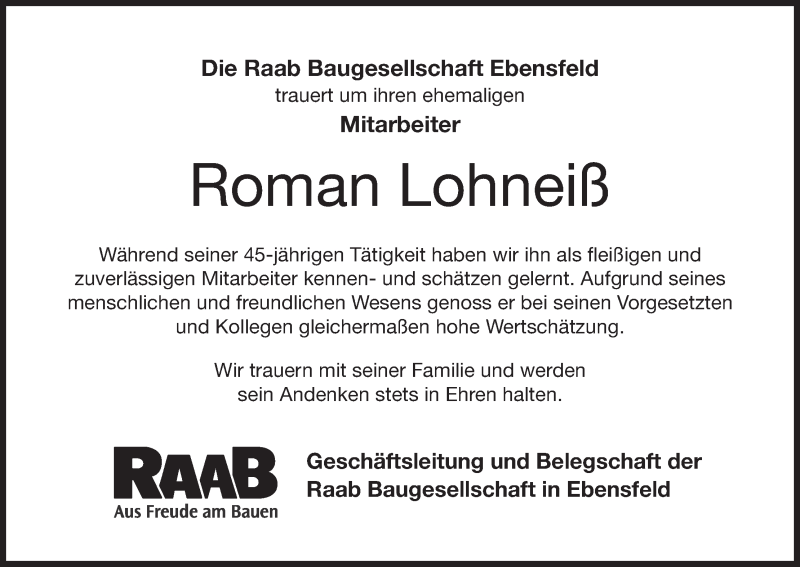  Traueranzeige für Roman Lohneiß vom 12.12.2019 aus MGO