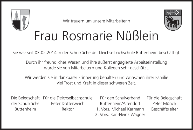  Traueranzeige für Rosmarie Nüßlein vom 19.12.2019 aus MGO