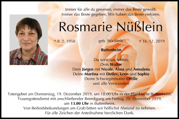 Anzeige von Rosmarie Nüßlein von MGO