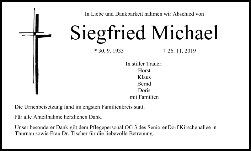  Traueranzeige für Siegfried Michael vom 21.12.2019 aus MGO