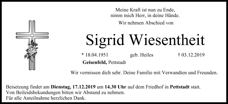  Traueranzeige für Sigrid Wiesentheit vom 14.12.2019 aus MGO