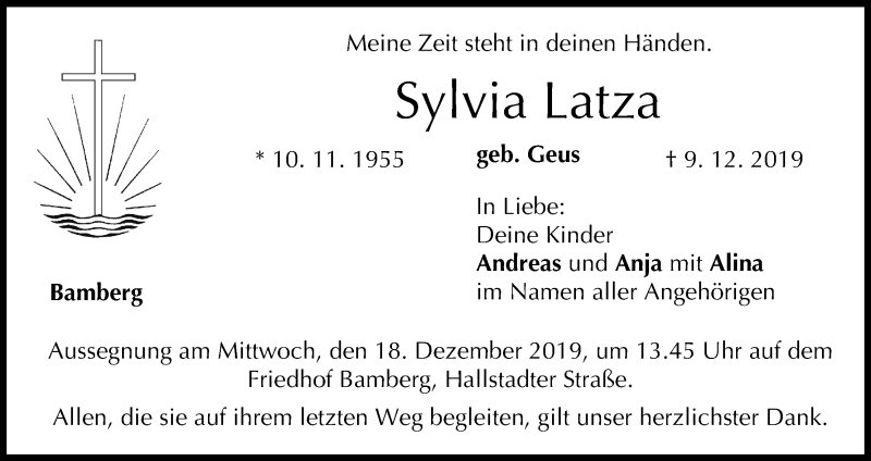 Traueranzeige für Sylvia Latza vom 14.12.2019 aus MGO