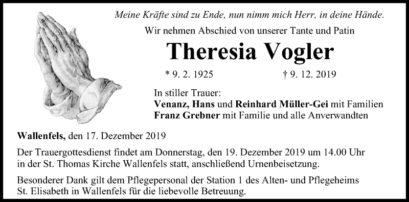  Traueranzeige für Theresia Vogler vom 17.12.2019 aus MGO