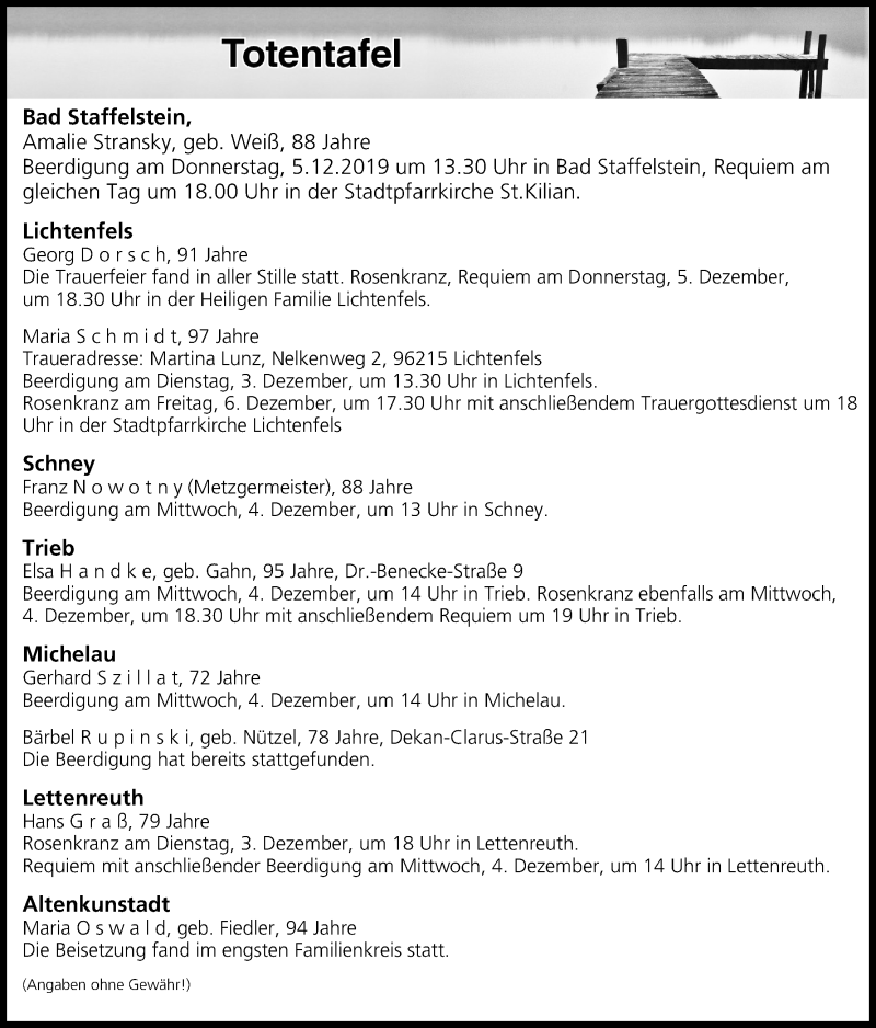  Traueranzeige für Totentafel vom 03.12.2019 vom 03.12.2019 aus MGO