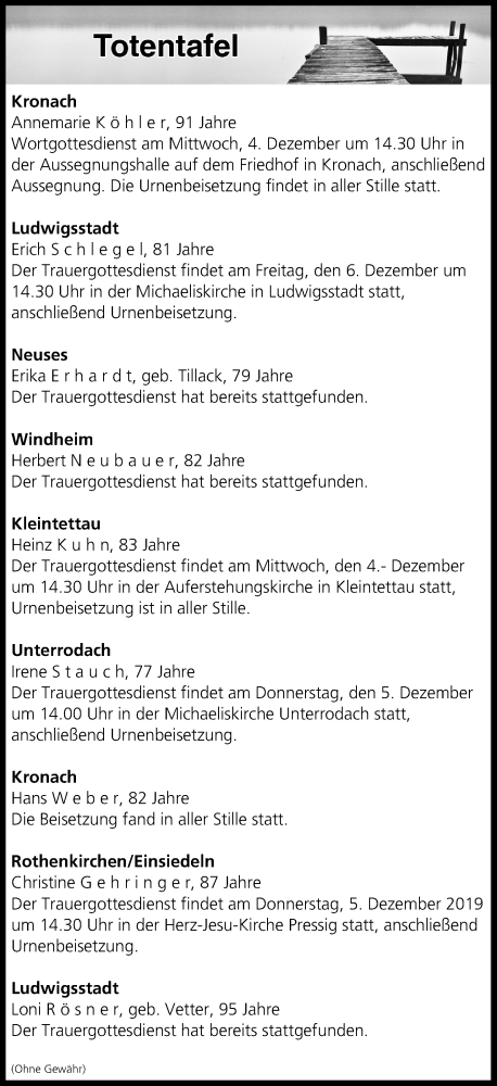  Traueranzeige für Totentafel vom 04.12.2019 vom 04.12.2019 aus MGO