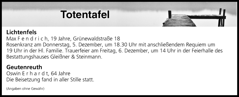  Traueranzeige für Totentafel vom 05.12.2019 vom 05.12.2019 aus MGO