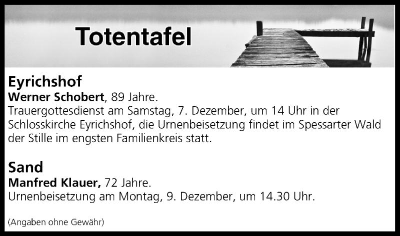  Traueranzeige für Totentafel vom 06.12.2019 vom 06.12.2019 aus MGO