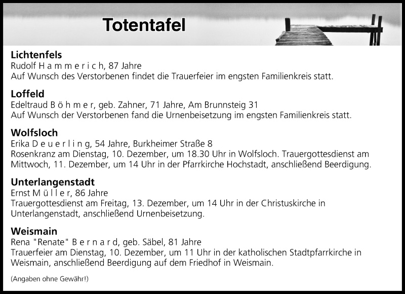  Traueranzeige für Totentafel vom 10.12.2019 vom 10.12.2019 aus MGO