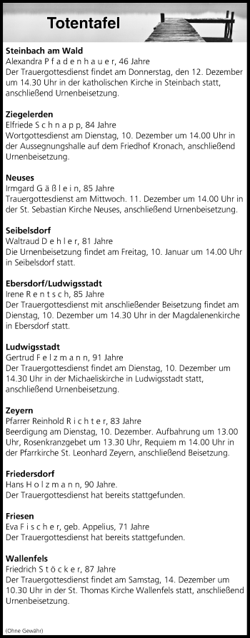 Anzeige von Totentafel vom 10.12.2019 von MGO