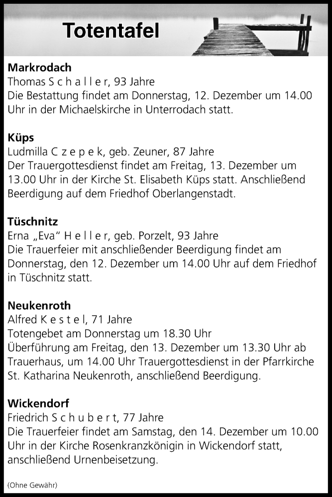  Traueranzeige für Totentafel vom 12.12.2019 vom 12.12.2019 aus MGO