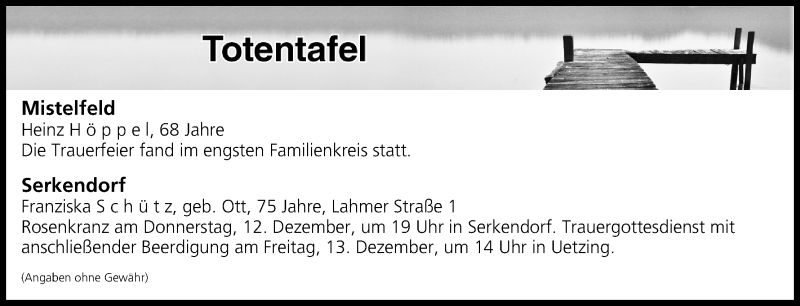  Traueranzeige für Totentafel vom 12.12.2019 vom 12.12.2019 aus MGO
