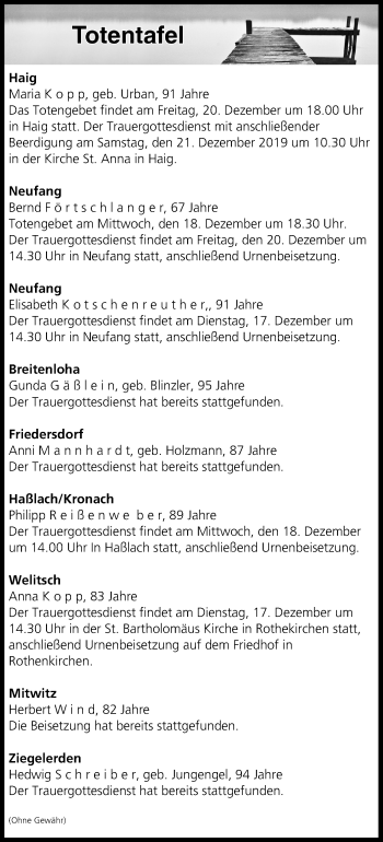 Anzeige von Totentafel vom 17.12.2019 von MGO