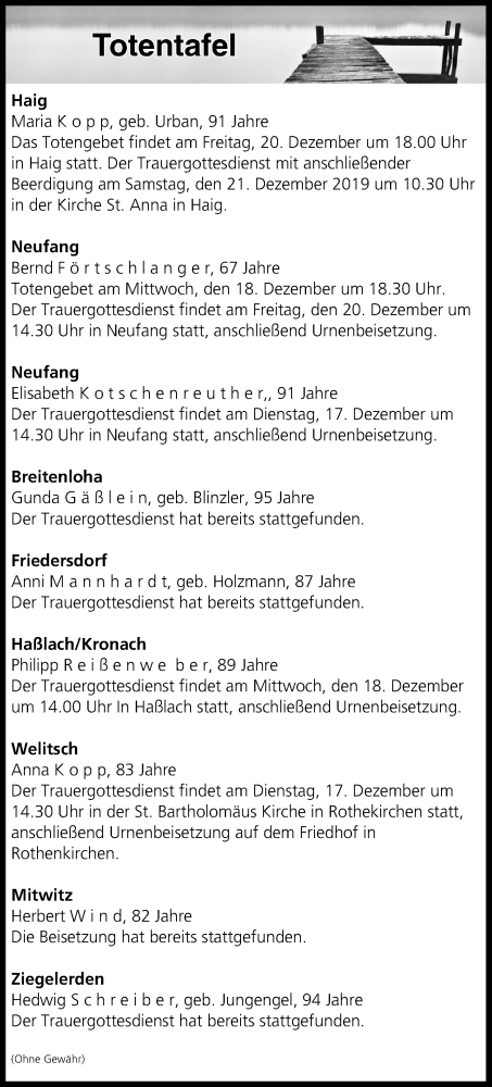 Traueranzeige für Totentafel vom 17.12.2019 vom 17.12.2019 aus MGO
