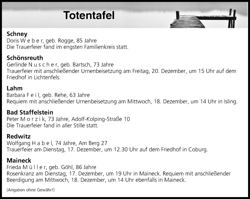 Traueranzeige für Totentafel vom 17.12.2019 vom 17.12.2019 aus MGO