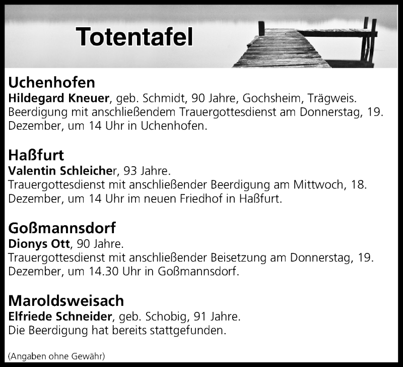  Traueranzeige für Totentafel vom 18.12.2019 vom 18.12.2019 aus MGO