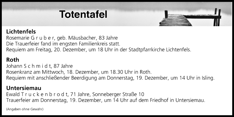  Traueranzeige für Totentafel vom 18.12.2019 vom 18.12.2019 aus MGO