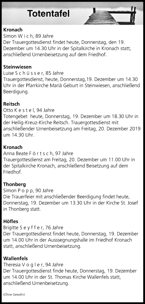  Traueranzeige für Totentafel vom 19.12.2019 vom 19.12.2019 aus MGO