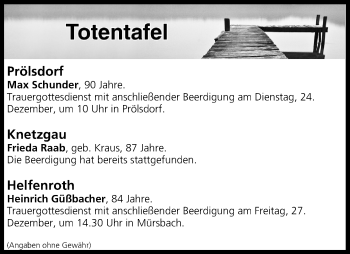 Anzeige von Totentafel vom 24.12.2019 von MGO