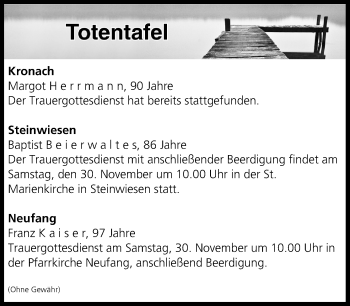 Anzeige von Totentafel vom 30.11.2019 von MGO
