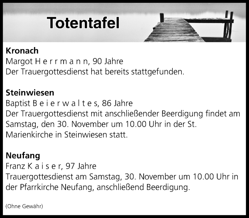  Traueranzeige für Totentafel vom 30.11.2019 vom 30.11.2019 aus MGO