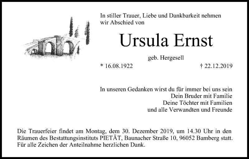  Traueranzeige für Ursula Ernst vom 28.12.2019 aus MGO