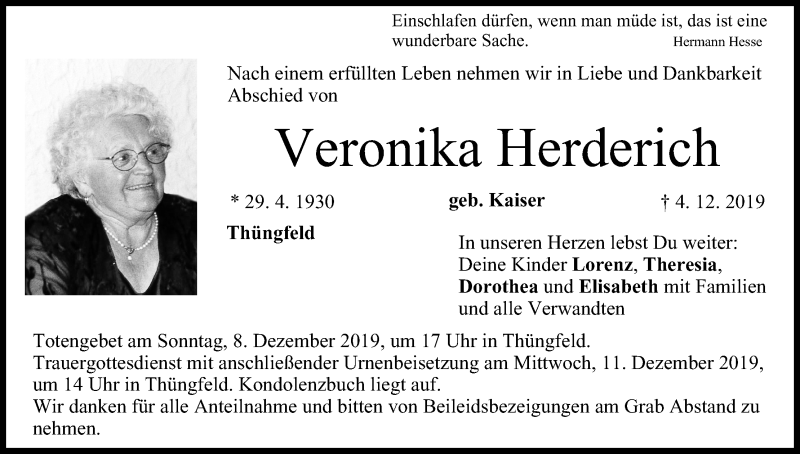  Traueranzeige für Veronika Herderich vom 07.12.2019 aus MGO