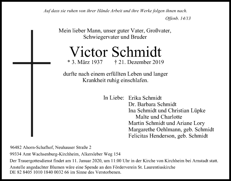  Traueranzeige für Victor Schmidt vom 28.12.2019 aus MGO