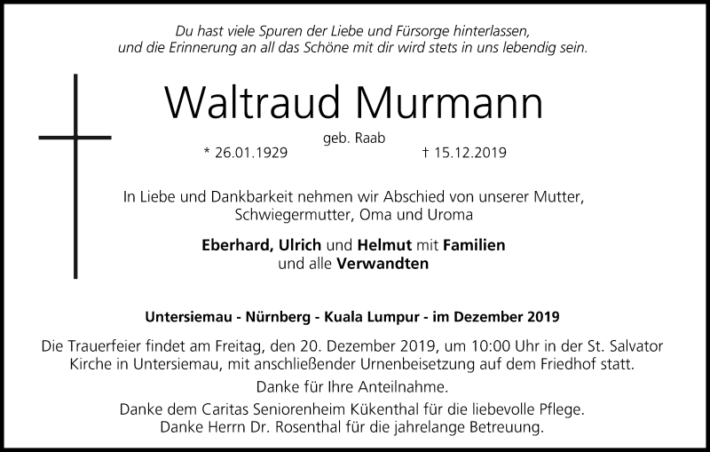  Traueranzeige für Waltraud Murmann vom 18.12.2019 aus MGO