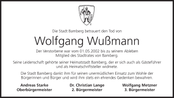 Anzeige von Wolfgang Wußmann von MGO