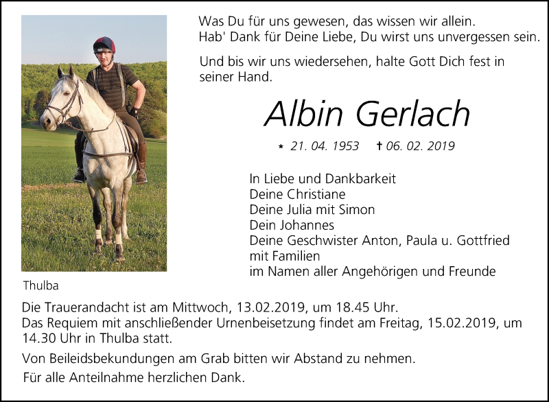  Traueranzeige für Albin Gerlach vom 12.02.2019 aus MGO
