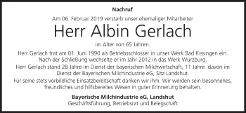 Anzeige von Albin Gerlach von MGO