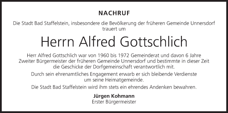  Traueranzeige für Alfred Gottschlich vom 05.02.2019 aus MGO