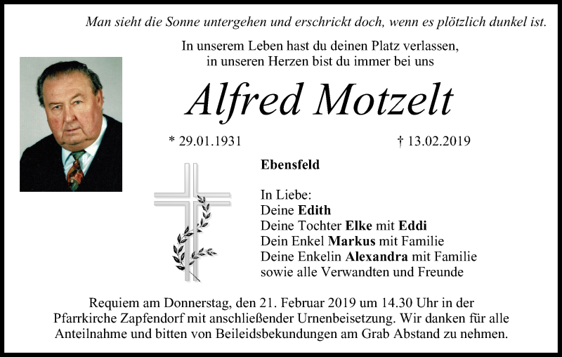  Traueranzeige für Alfred Motzelt vom 19.02.2019 aus MGO