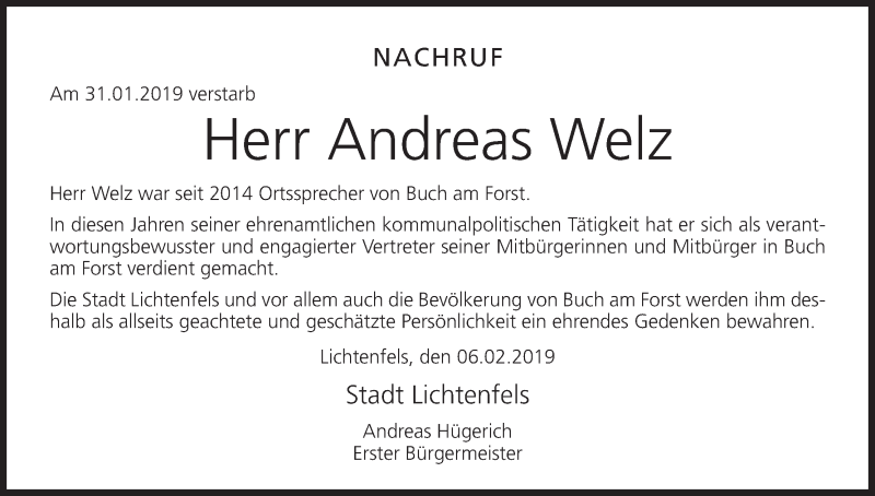  Traueranzeige für Andreas Welz vom 07.02.2019 aus MGO