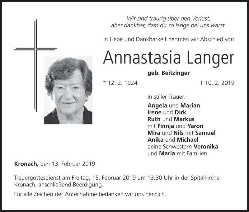  Traueranzeige für Annastasia Langer vom 13.02.2019 aus MGO