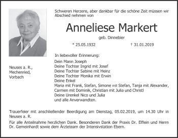 Anzeige von Anneliese Markert von MGO