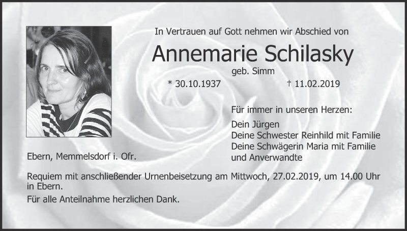  Traueranzeige für Annemarie Schilasky vom 23.02.2019 aus MGO