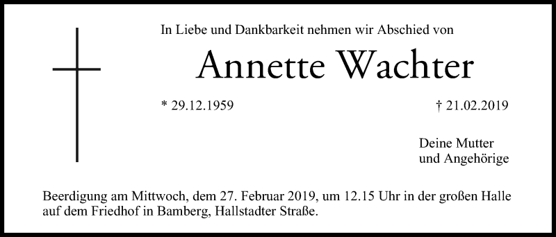 Traueranzeige für Annette Wachter vom 26.02.2019 aus MGO
