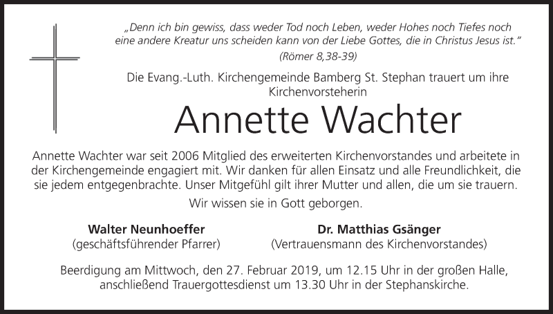  Traueranzeige für Annette Wachter vom 26.02.2019 aus MGO