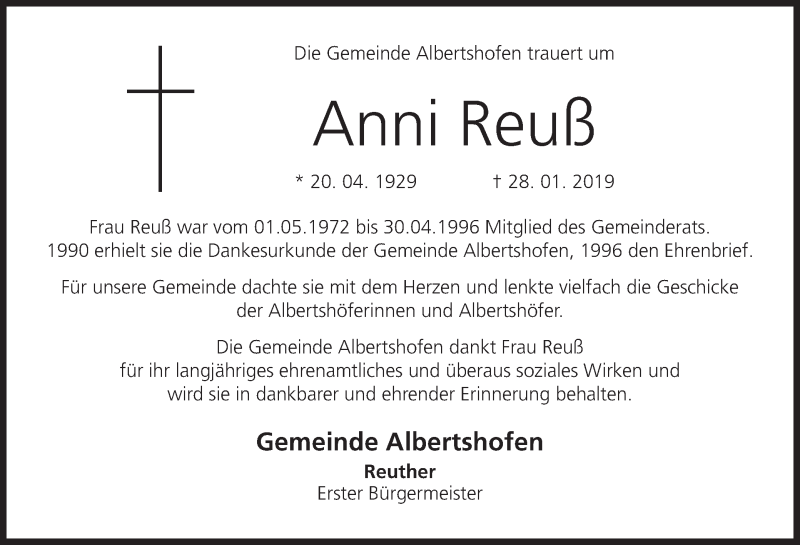  Traueranzeige für Anni Reuß vom 01.02.2019 aus MGO