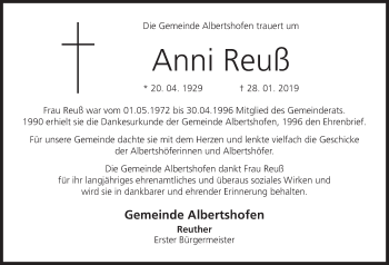 Anzeige von Anni Reuß von MGO