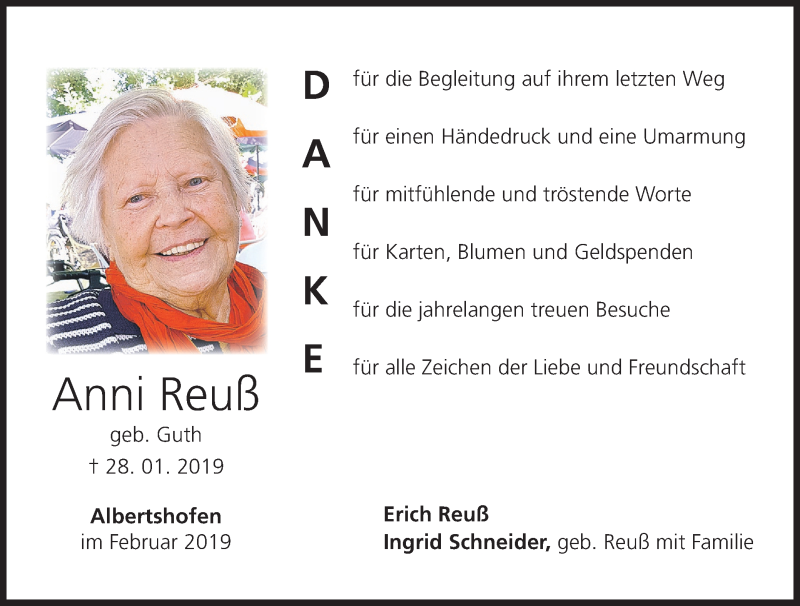  Traueranzeige für Anni Reuß vom 23.02.2019 aus MGO