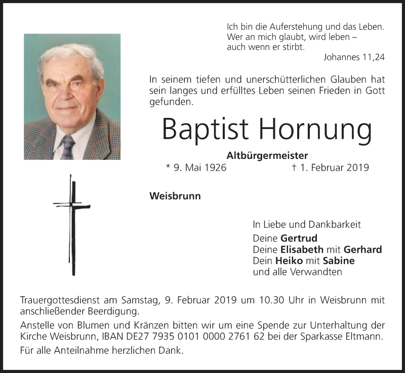  Traueranzeige für Baptist Hornung vom 05.02.2019 aus MGO