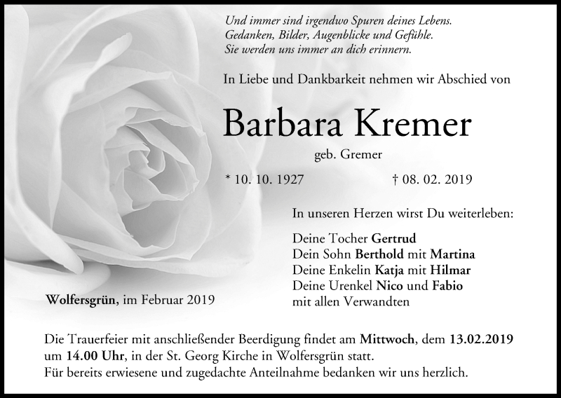  Traueranzeige für Barbara Kremer vom 11.02.2019 aus MGO