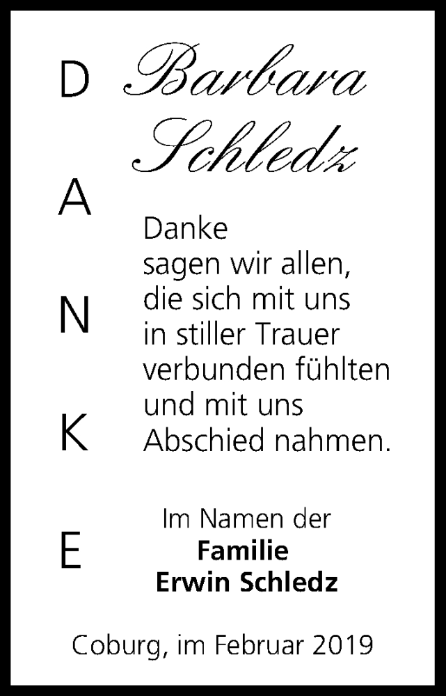  Traueranzeige für Barbara Schledz vom 09.02.2019 aus MGO