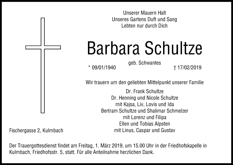  Traueranzeige für Barbara Schultze vom 27.02.2019 aus MGO